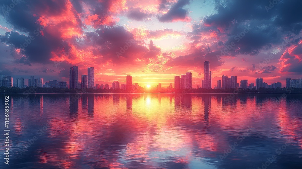 Naklejka premium Sunset Cityscape Reflection