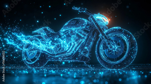 Motorcycle of blue glowing dots. Motorcycle of the particles. Vector illustration photo