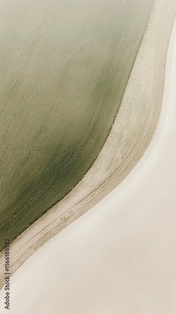 Aerial view of green fields and pathways forming abstract curves, symbolizing natural harmony and design balance.