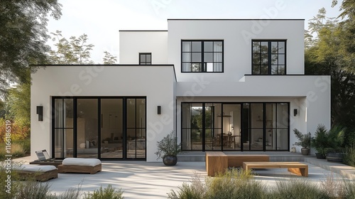 Modern house extension with white facade, black accents. Stylish design with large windows provide open view of interior space. Exterior design creates bright, airy space for relaxing. Outdoor patio
