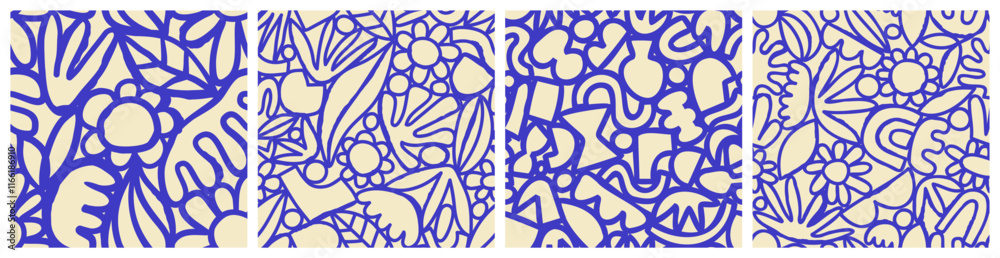 Abstract flower nature art seamless pattern illustration. Modern hand drawn floral painting texture set, spring line paint drawing background. Blue color flowers wallpaper print.
