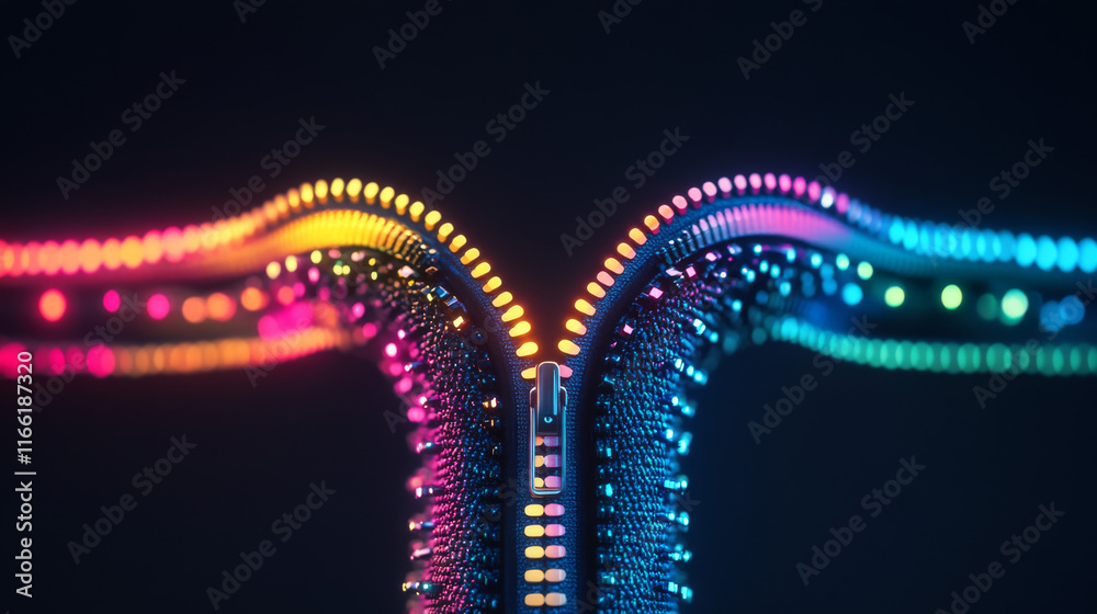 Naklejka premium Silhouette of a zipper made of glowing, multi colored dots, resembling stars. The vibrant particles form the interlocking teeth, symbolizing connection, functionality, and seamless joining of parts.