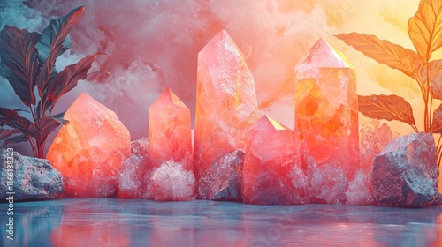 Ethereal pink crystals glowing in a dreamlike setting