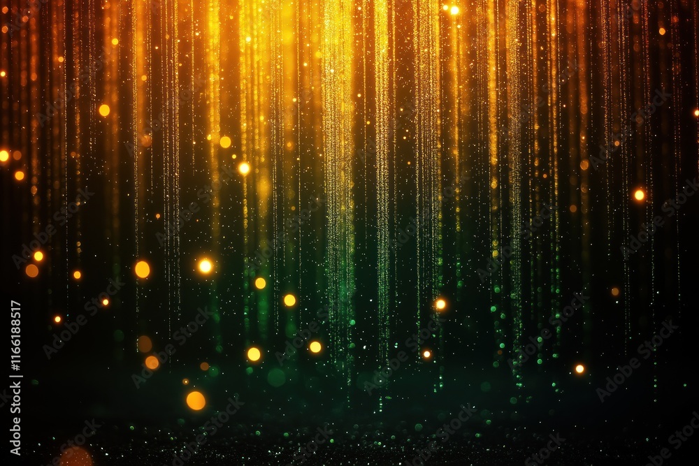 Golden, green sparkling particles fall like rain on dark background. Abstract design with shimmering light effect. Dynamic movement creates festive, elegant ambiance. Suitable for celebration holiday Golden, green sparkling particles fall like rain on dark background. Abstract design with shimmering light effect. Dynamic movement creates festive, elegant ambiance. Suitable for celebration holiday