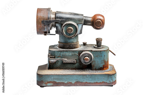 Vintage blue and silver sharpening tool with unique design and rust details in a workshop setting during daylight hours