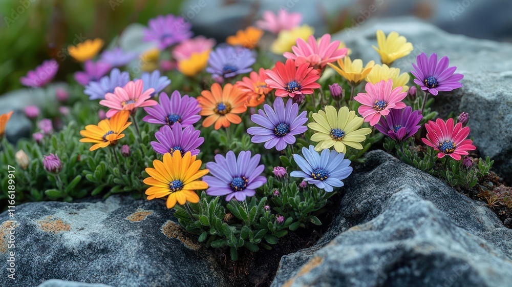 Vibrant multicolored flowers blooming in a rock garden. Vibrant multicolored flowers blooming in a rock garden.