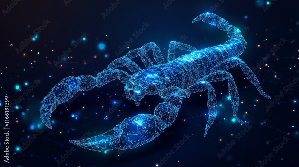 A hologram of a scorpion. A scorpion made of polygons, triangles of dots and lines. Scorpio is a low-poly compound structure. Technology concept vector.