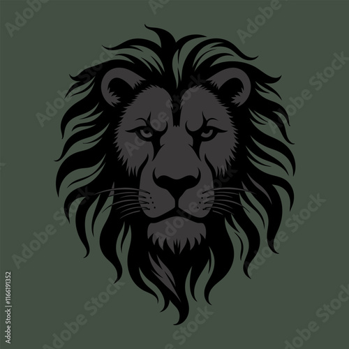 A striking black and white illustration of a lion head on fierce expression and intricate mane