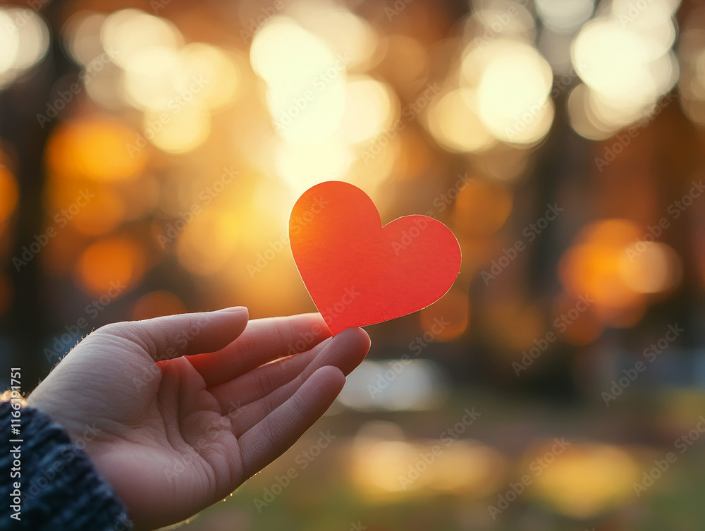 Hand holding a red heart against a warm bokeh-lit background Hand holding a red heart against a warm bokeh-lit background