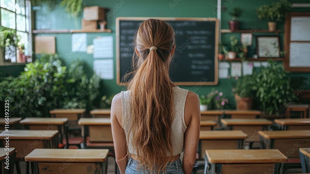Student in classroom facing chalkboard and plants. Student in classroom facing chalkboard and plants.