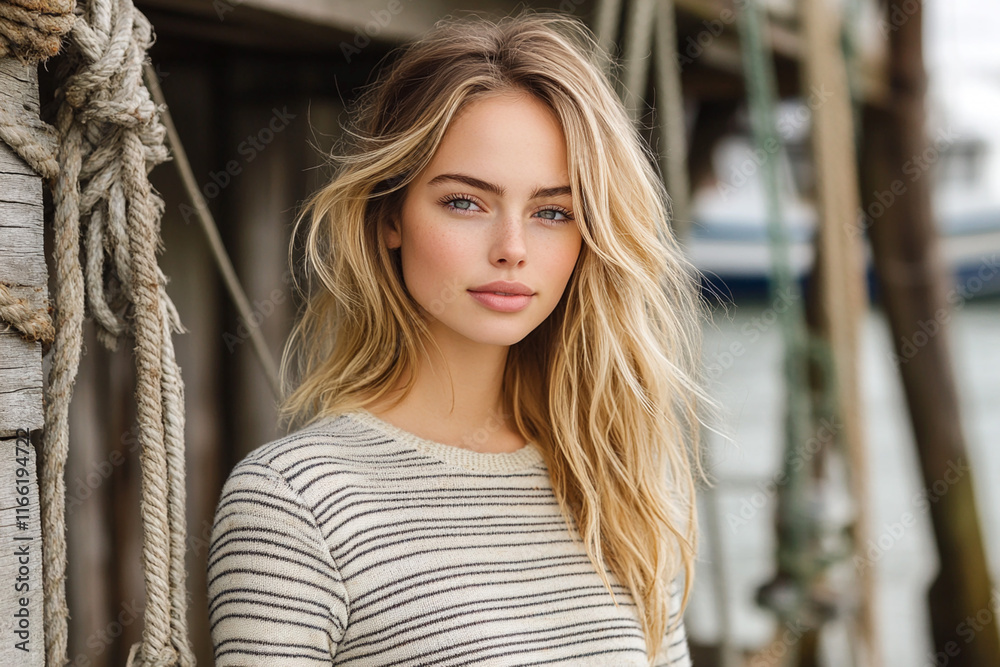 Fototapeta premium Beautiful young woman in a striped sweater posing outdoors near a rustic wooden pier. Close-up