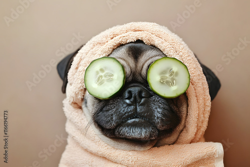 Pug relaxes at spa day with cucumber slices over eyes during pampering session photo