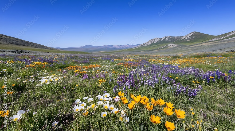 Fototapeta premium Wildflower Meadow Blooms Beneath Mountain Vista