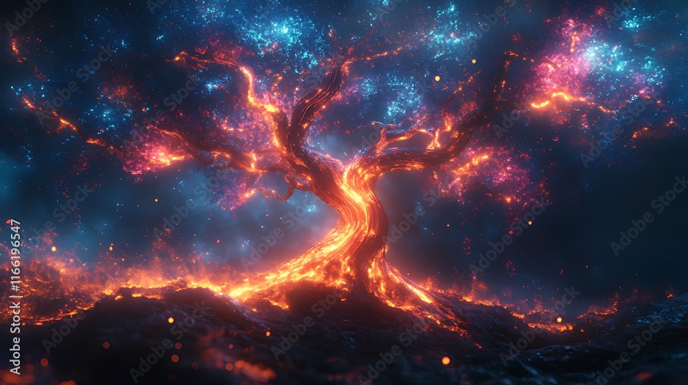 Fototapeta premium Fiery, magical tree ablaze with cosmic energy, glowing particles, dark night sky.