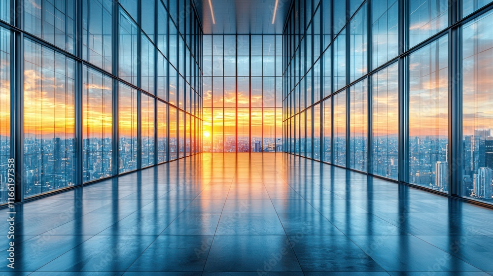 Modern office space with sunset view through glass walls.