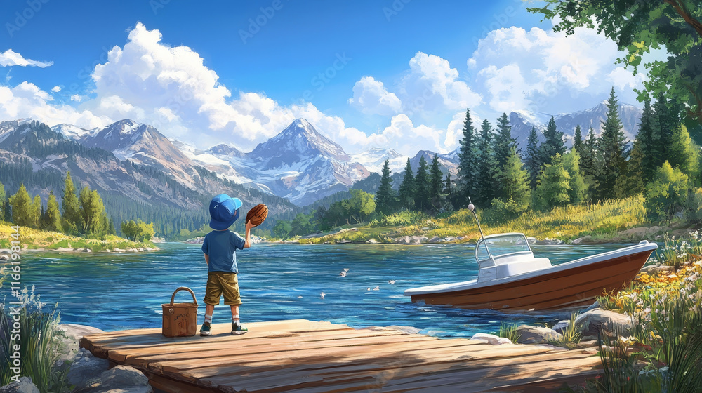 Teen boy in blue cap holding baseball bit standing on river or lake bank with wooden pier and boat. Cartoon vector summer sunny mountain, pond and trees landscape with kid practice sport game. Teen boy in blue cap holding baseball bit standing on river or lake bank with wooden pier and boat. Cartoon vector summer sunny mountain, pond and trees landscape with kid practice sport game.
