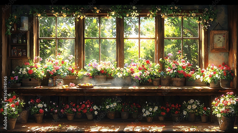 Sunlit Windowsill Garden With Colorful Flowers In Pots Sunlit Windowsill Garden With Colorful Flowers In Pots