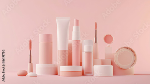 Makeup products 3d icon set. Realistic vector beauty and skin care cosmetic - tonal in tube container, concealer, liquid lipstick or lip gloss package, mascara brush and highlighter or creme stick.