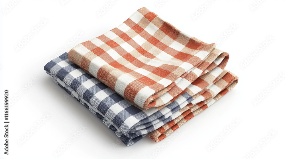 Folded napkins, kitchen towels or tablecloths in top and angle view. Vector realistic set of 3d fabric table clothes with gingham, plaid, striped and tartan pattern Folded napkins, kitchen towels or tablecloths in top and angle view. Vector realistic set of 3d fabric table clothes with gingham, plaid, striped and tartan pattern