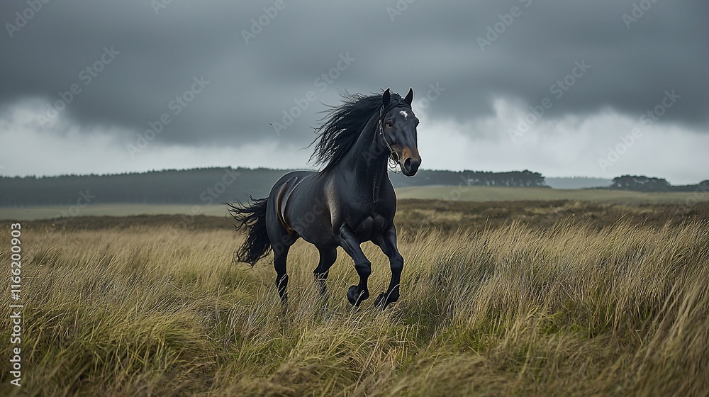 Black stallion running in a field under a stormy sky.