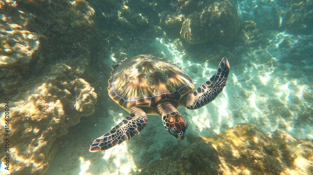 Obraz premium Underwater scene featuring a swimming turtle.