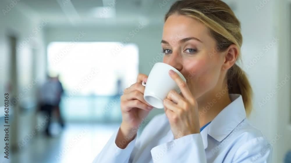 A happy nurse drinks coffee during her lunch break. A happy nurse drinks coffee during her lunch break.