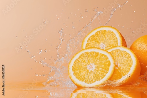 Fresh orange slices with splashing water on orange background. Juicy fruit slices wet, surrounded by water drops. Healthy, refreshing fruit ideal for food, beverage companies. Creative layout for photo