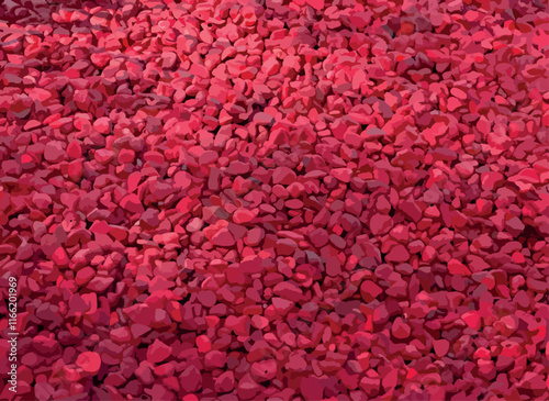 Garden decoration with red stones background. Small red stones pattern among small red stones. Seamless stone floor. Red stones seamless pattern. Deeply stone texture.