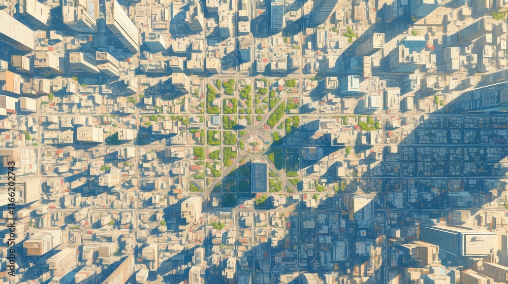 Fototapeta premium Aerial view of a city with a central park surrounded by skyscrapers.