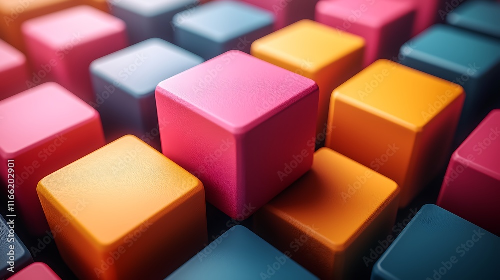 Colorful cubes arranged in a grid pattern, with a focus on a central pink cube. Colorful cubes arranged in a grid pattern, with a focus on a central pink cube.