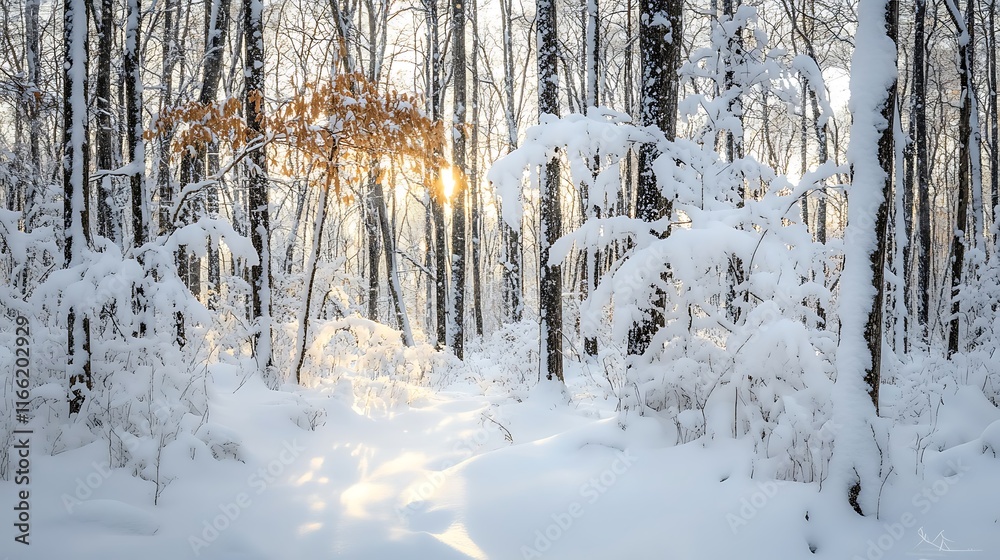 Sunlit Winter Path Through Snowy Forest Trees Sunlit Winter Path Through Snowy Forest Trees