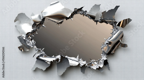 Ragged hole in steel sheet with transparent background. Metal break with ripped edges, torn crack in heavy metal page from cut or explosion, vector realistic illustration