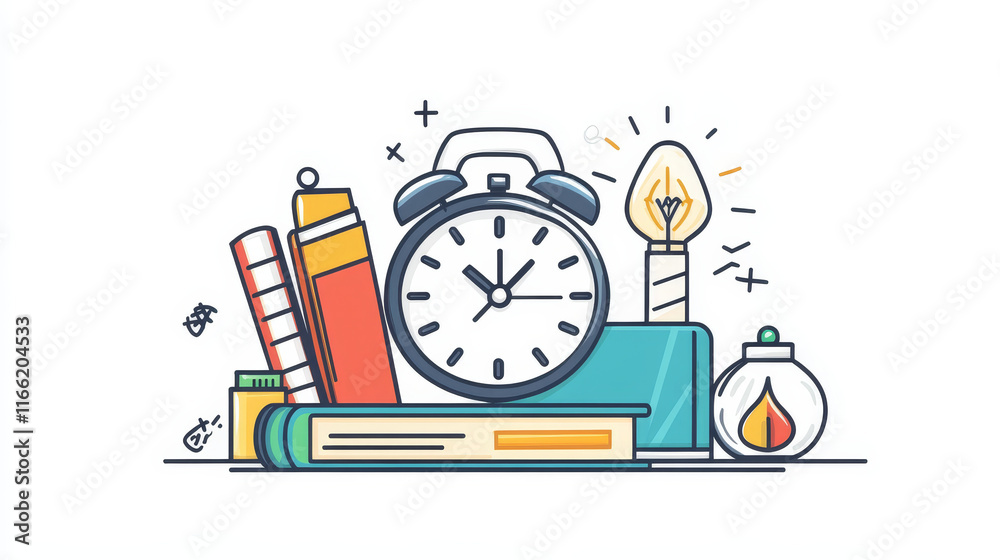 Obraz premium School science vector icon with magnet and dna object set. Biology supplies symbol cartoon. Physics experiment and research with isolated clock, textbook, bulb and glasses. Idea concept png clipart