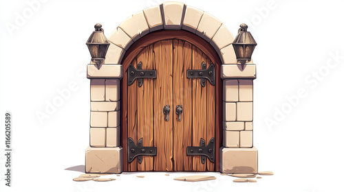 Medieval wooden doors set isolated on white background. Vector cartoon illustration of historical building design elements, stone porch, arch doorway with locked gate, iron doorknob, old architecture