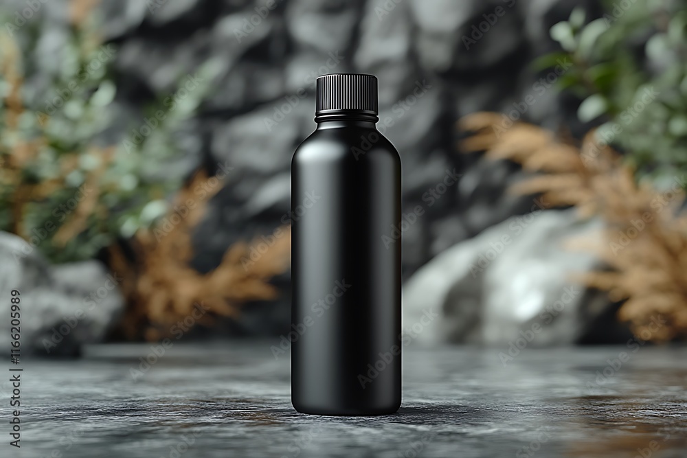 Matte Black Bottle Mockup Against a Rocky Natural Setting Matte Black Bottle Mockup Against a Rocky Natural Setting