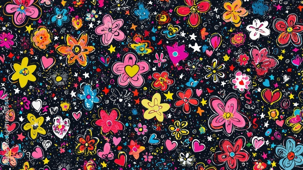 Vibrant Hand-Drawn Floral Pattern: A Kaleidoscope of Colorful Flowers and Hearts Vibrant Hand-Drawn Floral Pattern: A Kaleidoscope of Colorful Flowers and Hearts
