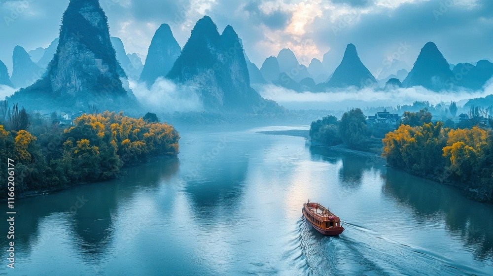 Tranquil river scene with mountains and a boat. Tranquil river scene with mountains and a boat.