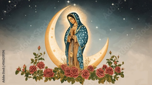 Religious illustration of Lady of Guadalupe standing on crescent moon. Surrounded by roses, glowing aura, starry mantle. Image traditional, beautiful. Evokes peace, faith. Used for religious art photo