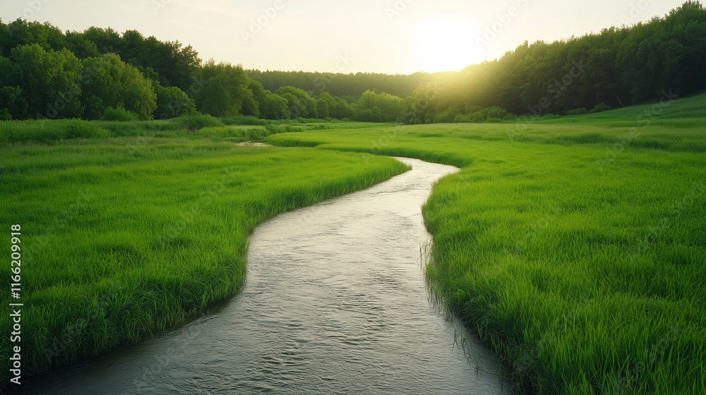 serene landscape featuring winding river surrounded by lush green grass and trees, illuminated by warm glow of setting sun. serene landscape featuring winding river surrounded by lush green grass and trees, illuminated by warm glow of setting sun.