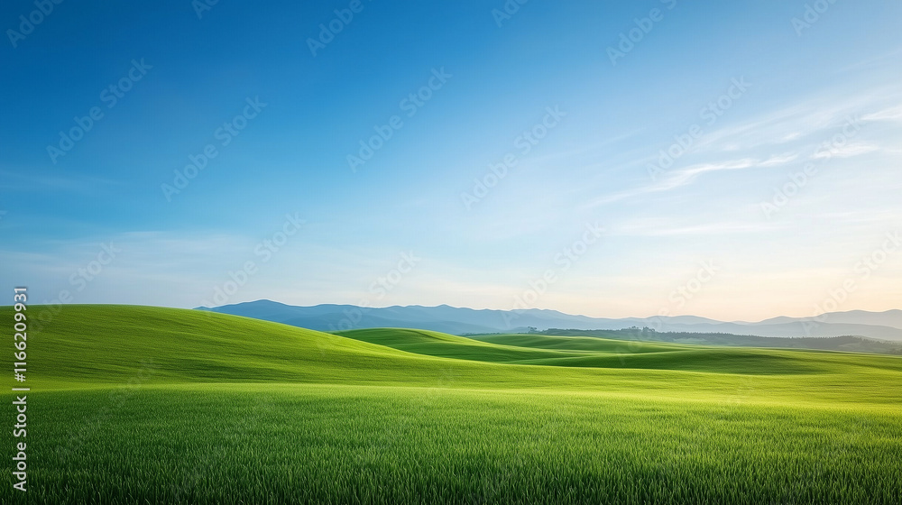 Obraz premium serene landscape featuring rolling green hills under clear blue sky, evoking tranquility and natural beauty.