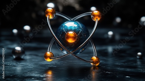 Abstract atom model with glowing core and orbiting electrons on dark background.