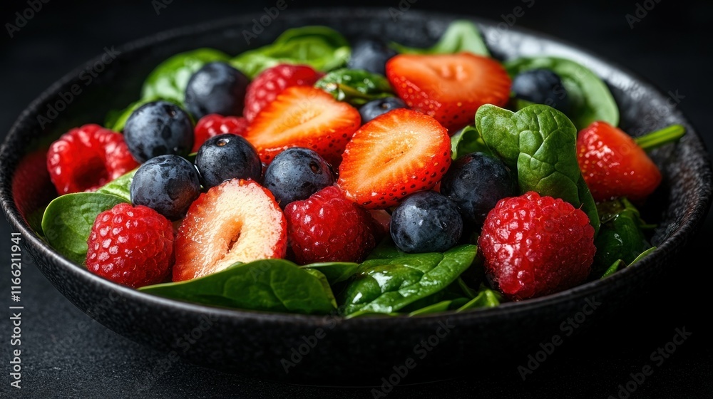 Fresh salad with berries and spinach in a bowl. Fresh salad with berries and spinach in a bowl.