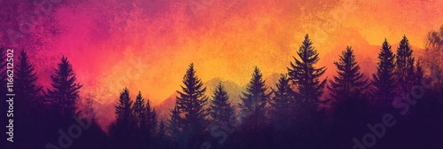 Colorful sunset over a forest landscape with retro risograph inspired style. Generative AI photo