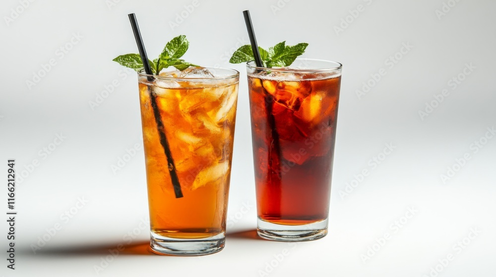 Elegant Iced Teas with Fresh Garnishes on Clean Background Elegant Iced Teas with Fresh Garnishes on Clean Background