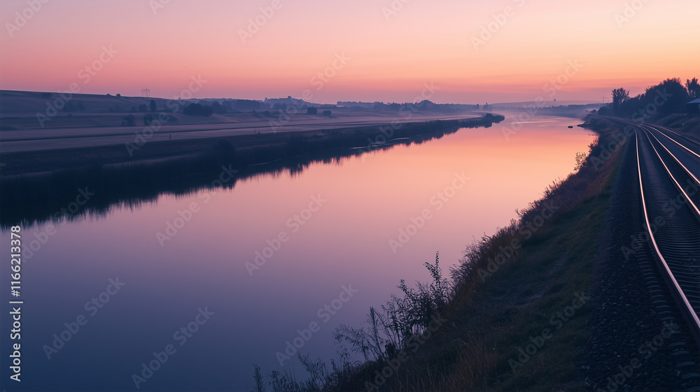 Naklejka premium 静寂の黄昏時、河川沿いを走る線路と水面に映る風景