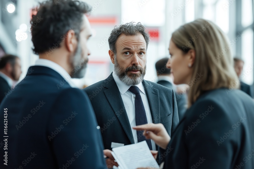 Business people network at trade show. Group of professionals discuss ideas. Middle-aged man with beard explains something to colleagues. Woman listens attentively. Indoor exhibition booth. Pro Business people network at trade show. Group of professionals discuss ideas. Middle-aged man with beard explains something to colleagues. Woman listens attentively. Indoor exhibition booth. Pro