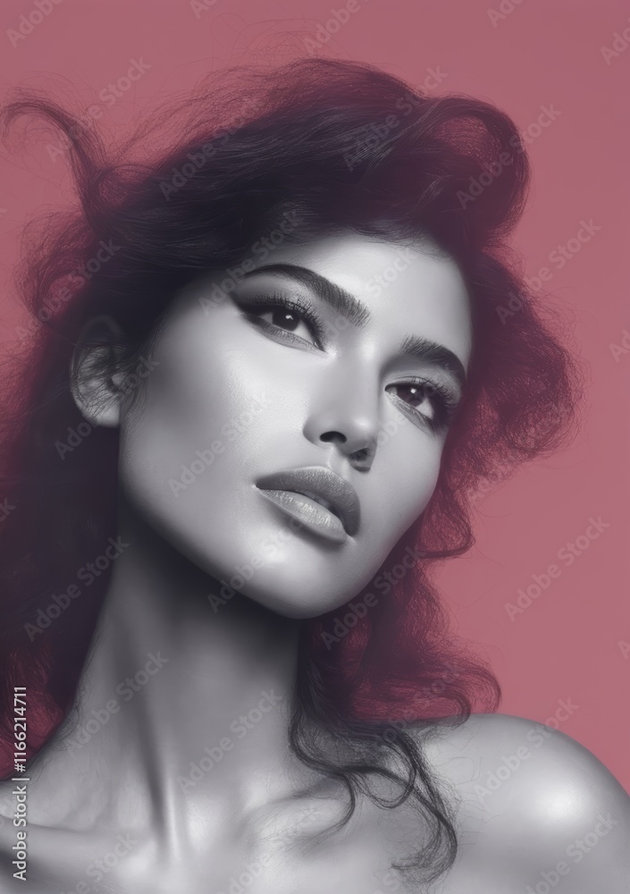 Fototapeta premium Black and white portrait on pink background. Studio beauty shot showcasing softness and intense gaze suggesting confidence and self reflection.