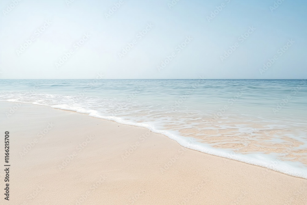 Tranquil beach scene shows soft waves gently washing ashore on light beige sandy beach. Calm ocean water meets clear sky. Peaceful, serene summer vacation ambiance. Ideal for relaxation, rest. Tranquil beach scene shows soft waves gently washing ashore on light beige sandy beach. Calm ocean water meets clear sky. Peaceful, serene summer vacation ambiance. Ideal for relaxation, rest.