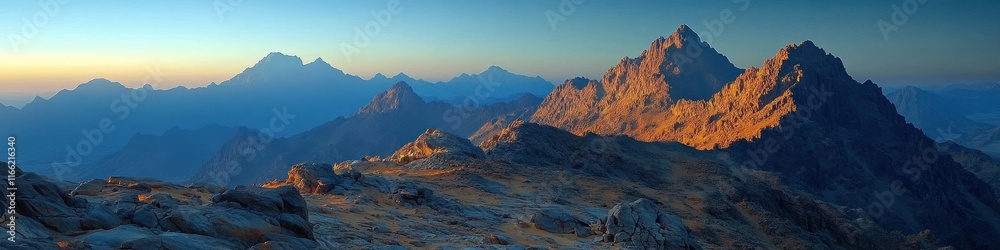 Obraz premium Breathtaking Mountain Range at Sunrise with Stunning Peaks, Serene Valley Views, Majestic Nature Landscape, and Tranquil Outdoor Scenery Capturing Natural Beauty