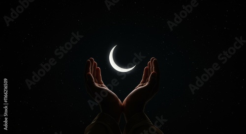 Muslim hand open and praying for dua under the crescent moonlight at night praying tahajjud photo